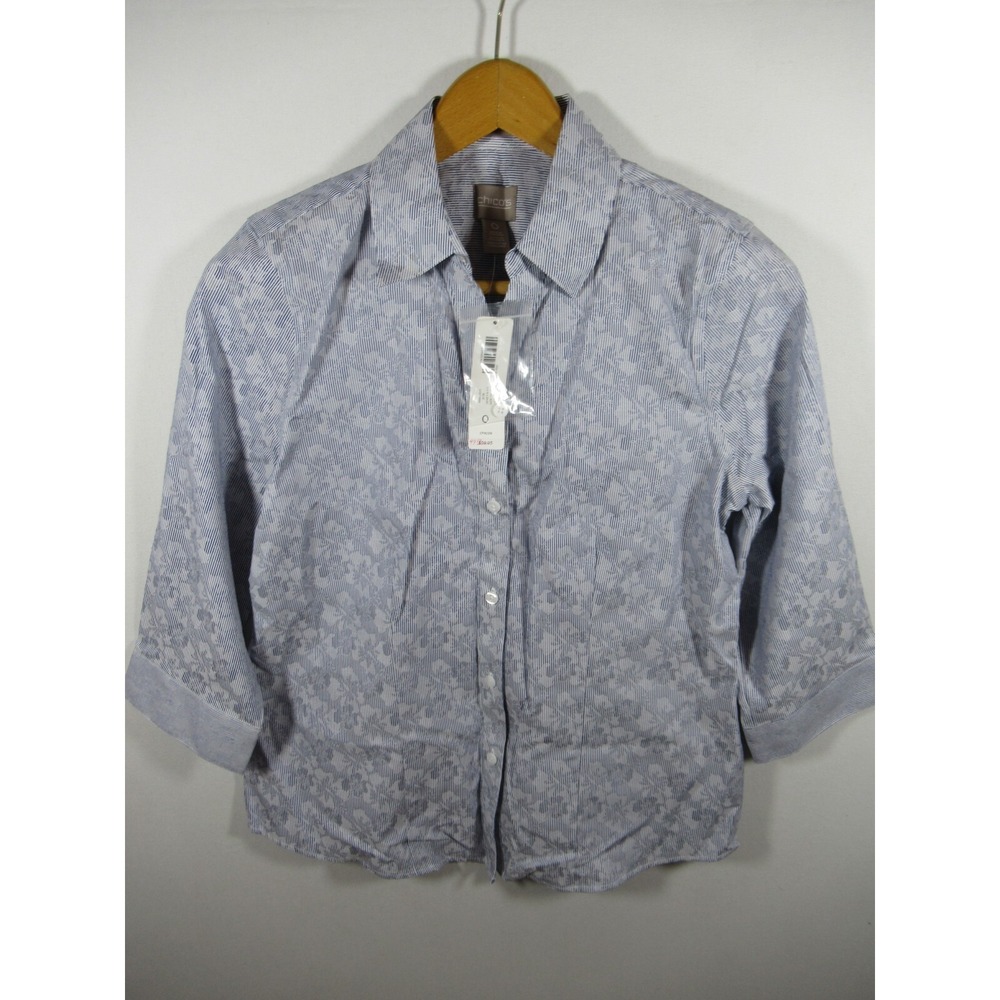 NEW Chico's Button Up Blouse Women Small Hibiscus Floral Print 3/4 Sleeve